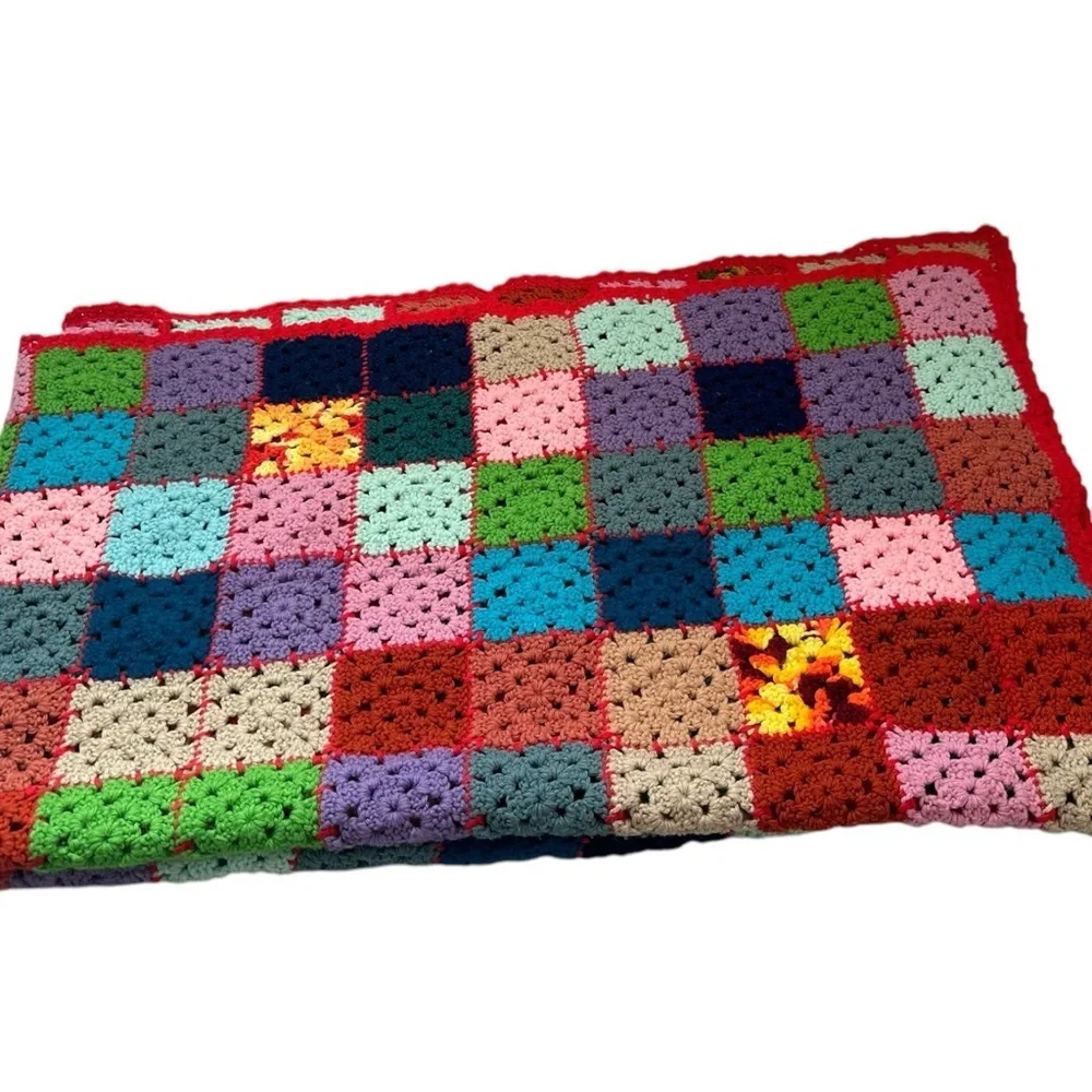 Handmade Crochet Afghan Throw Multicolored Granny Square Blanket 43x136